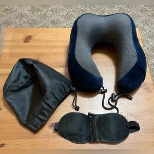 Enothen: Dark Navy blue greyvery soft washable neck travel pillow with eye mask,